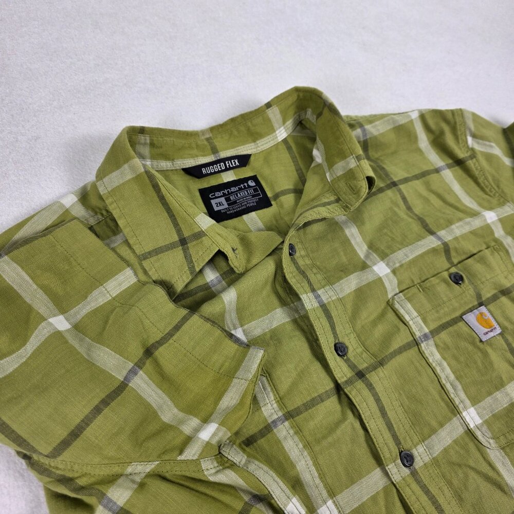 Carhartt Rugged‎ Flex Mens 2XL Green Plaid Short Sleeve Button Shirt